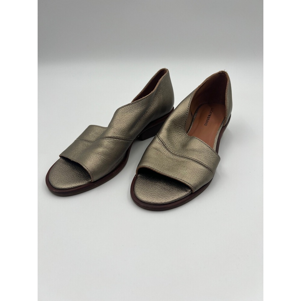Lucky Brand Womens 6.5M Metallic Pewter Leather Peep Toe DOrsay Block Heel Shoes